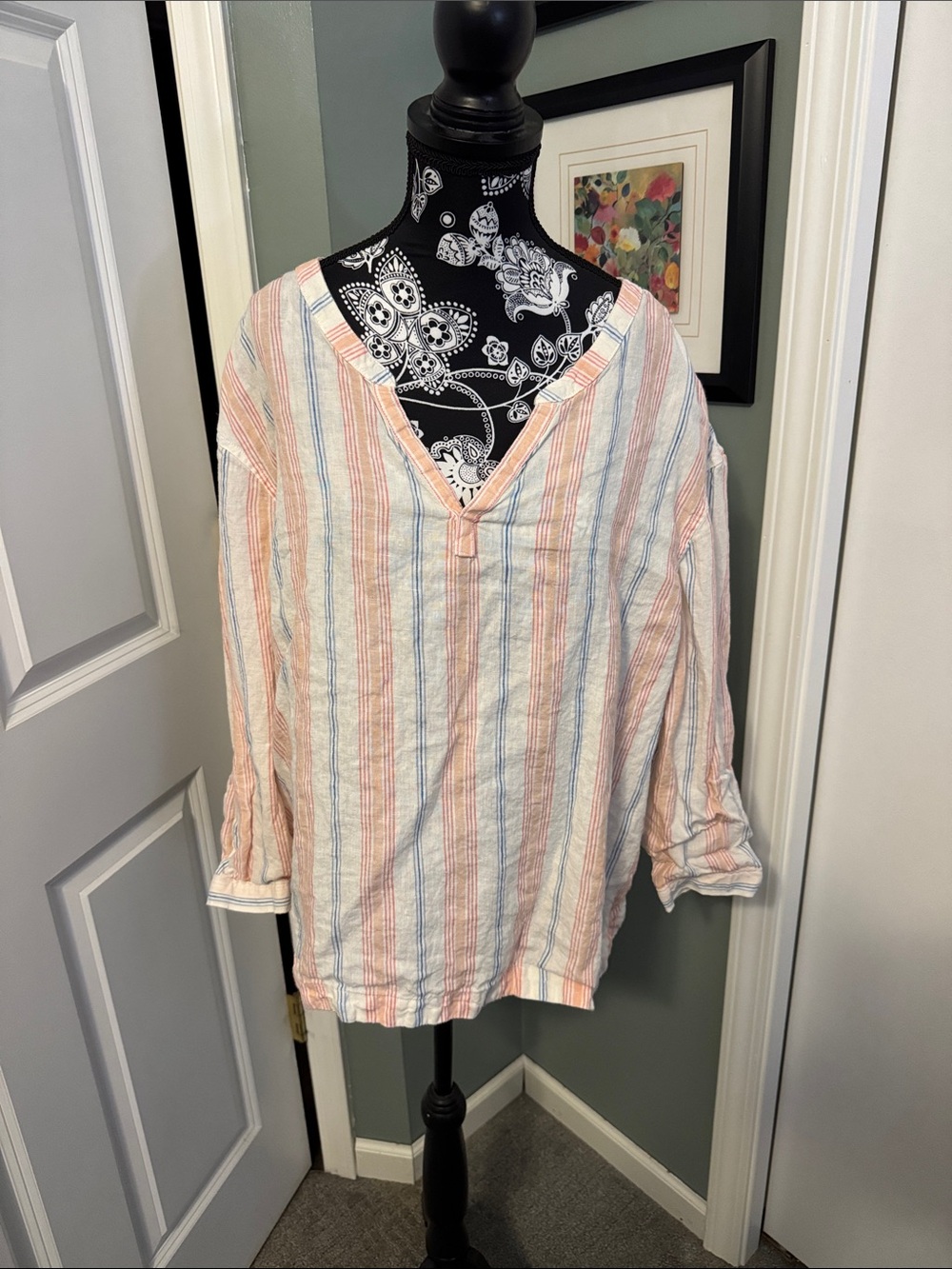 L.L. Bean Striped V‑Neck Linen‑Blend Top in Pink and Blue